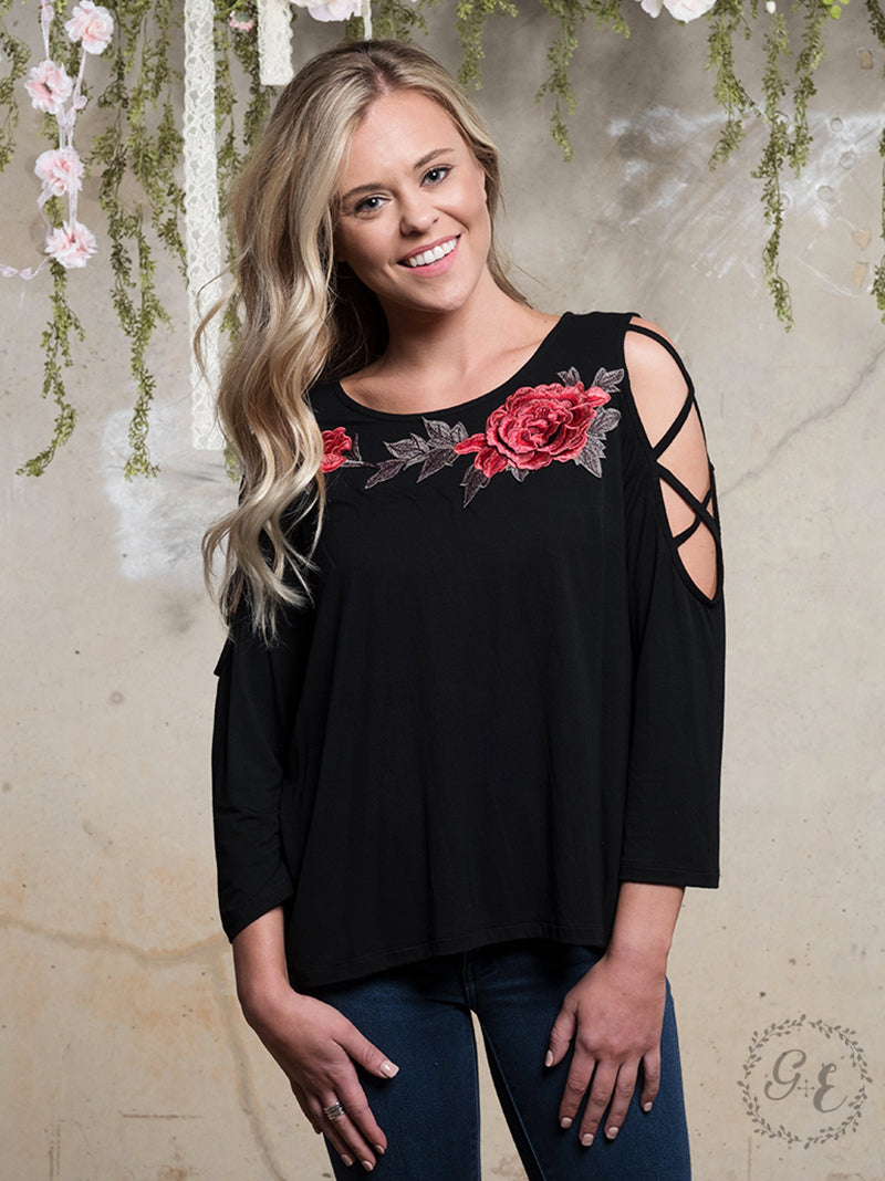 Rose Embroidery Black Crossed Cold Shoulder - Happy Heart Accessories