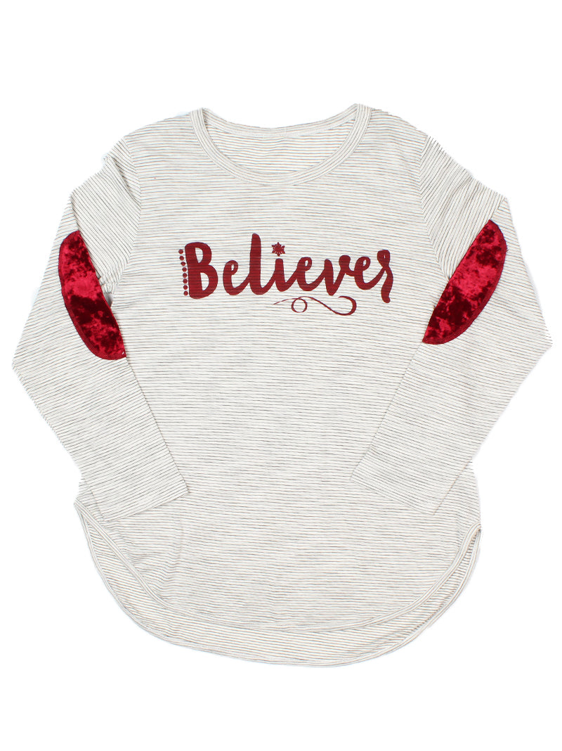 Believer Striped Long Sleeve with Crushed Red Velvet Elbow Patches - Happy Heart Accessories