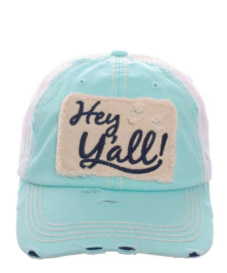 Hey Y'ALL Mint Distressed Hat - Happy Heart Accessories
