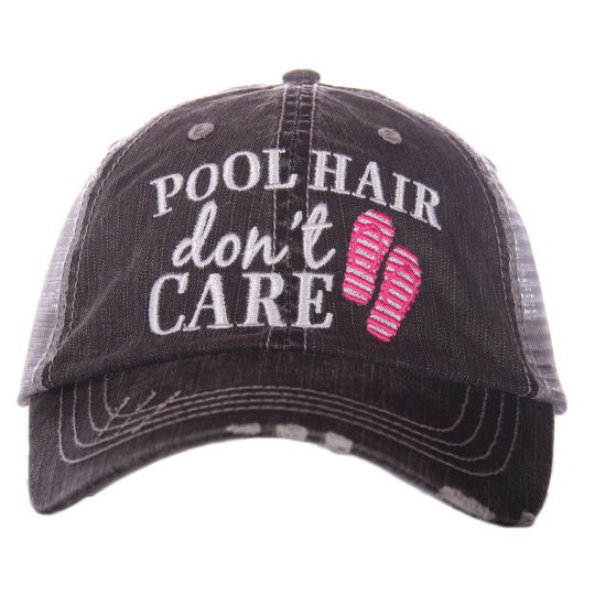 Pool Hair Don't Care Distressed Trucker Hat ~4 Colors - Happy Heart Accessories