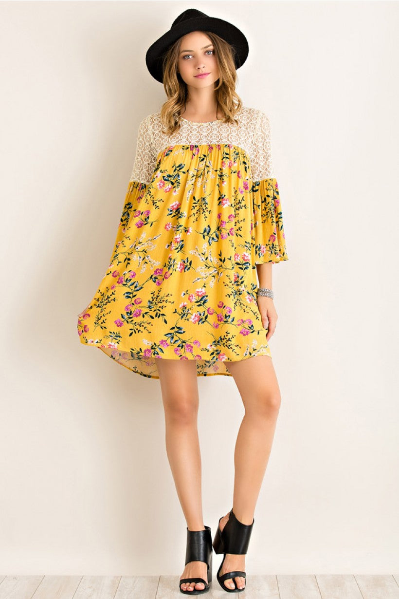 Floral Print Dress with Lace Yoke - Happy Heart Accessories