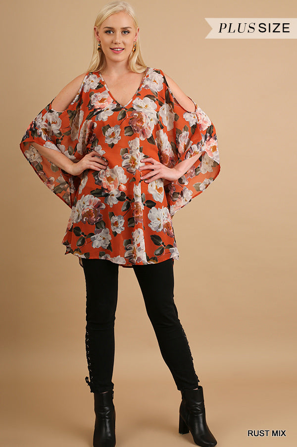 Curvy Girl Size~Floral Print Cold Shoulder Shirt - Happy Heart Accessories